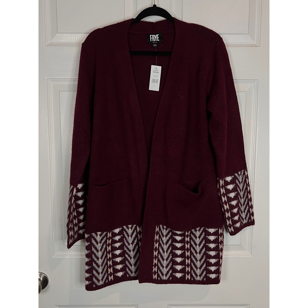 NWT FRYE The Cozy Patterned Cardigan Sweater Dark Red Geometric Aztec - Medium